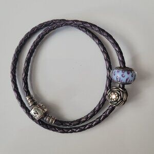 Pandora Braided Double-Looped Leather Bracelet with 925 Silver Charms and Clasp